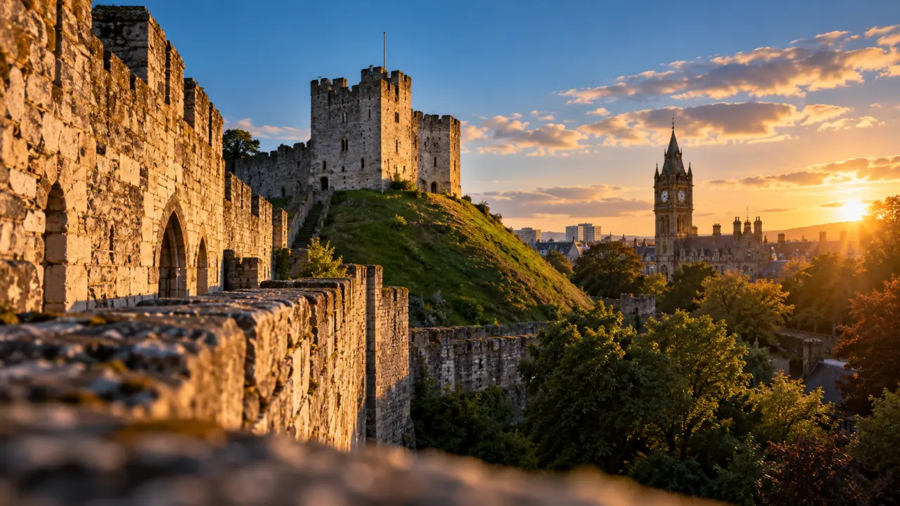 Cardiff Castle at golden hour with Roman walls and Victorian tower in Cardiff.
