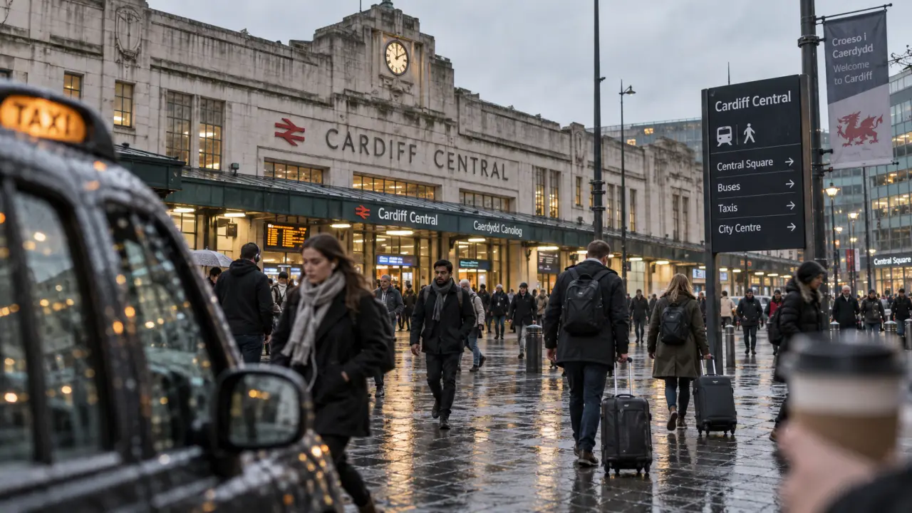 Cardiff Central station Art Deco frontage with commuters