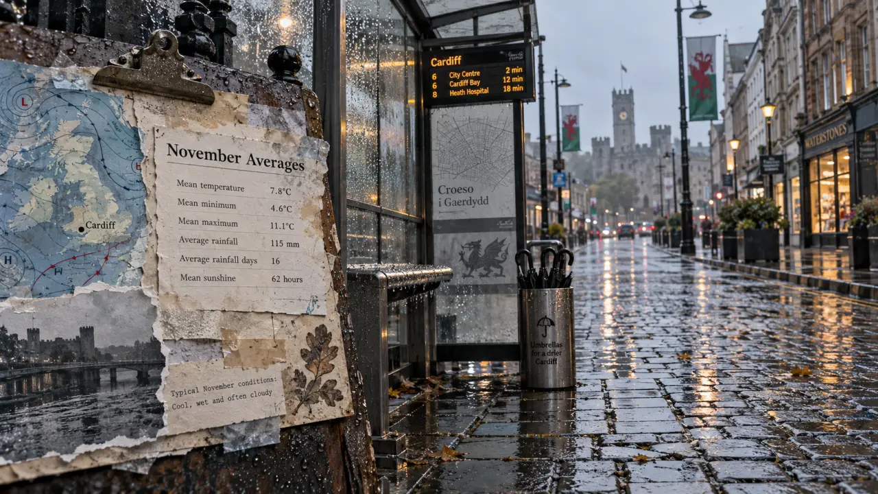Cardiff weather November averages 10.8°C, rainy street scene