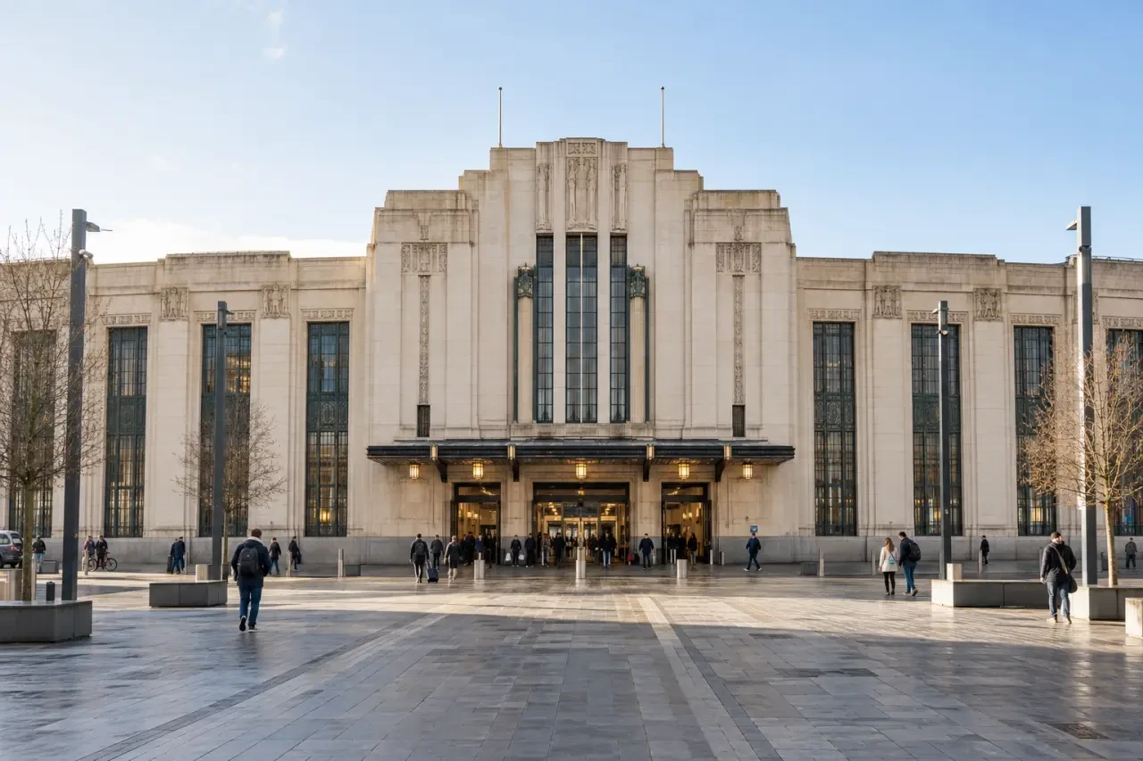 Cardiff Central railway station Art Deco frontage in Central Square, Cardiff