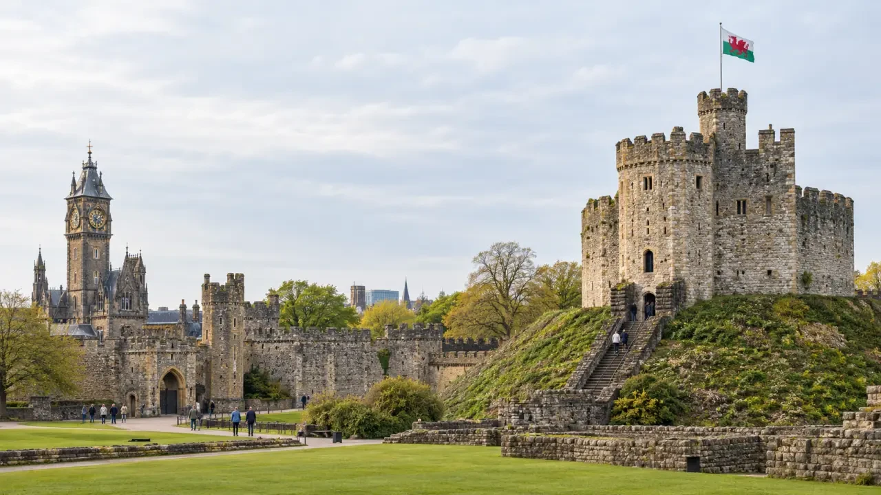 Cardiff Castle showing the Norman Keep, castle walls and Victorian Clock Tower